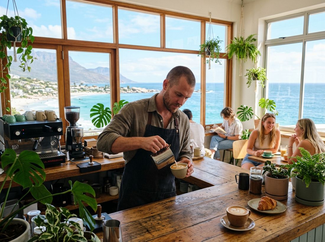 Bright café with sea view and a barista at work