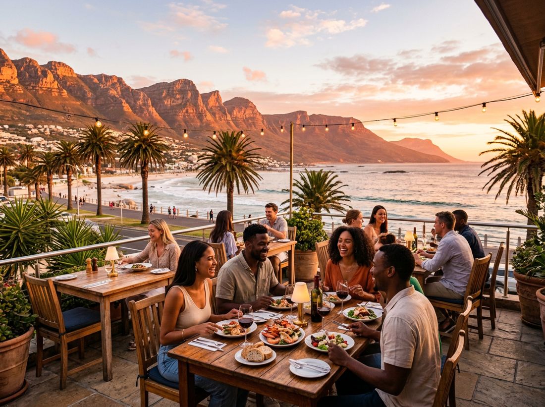 Friends dining on a terrace on the Camps Bay strip at sunset