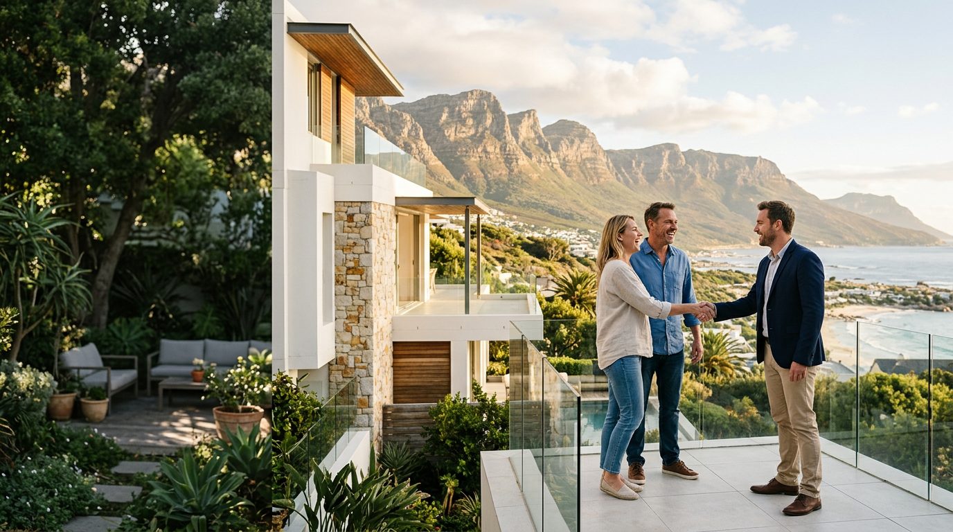 Homeowners shaking hands with their agent on a terrace, Table Mountain range behind