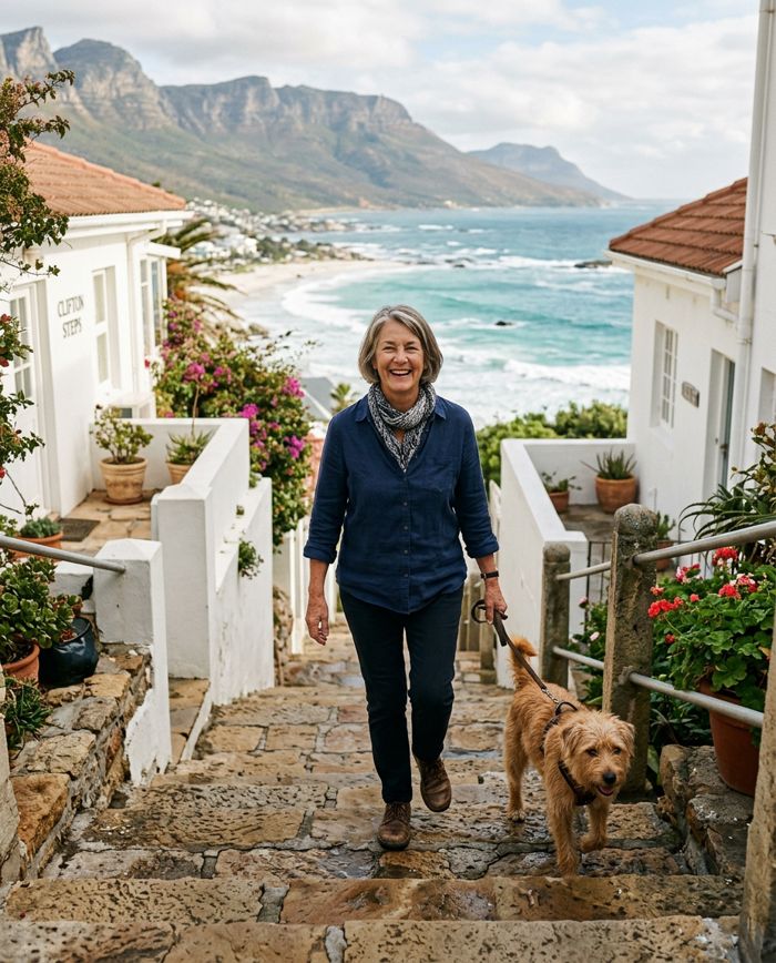 A long-time resident walking her dog on the Clifton steps