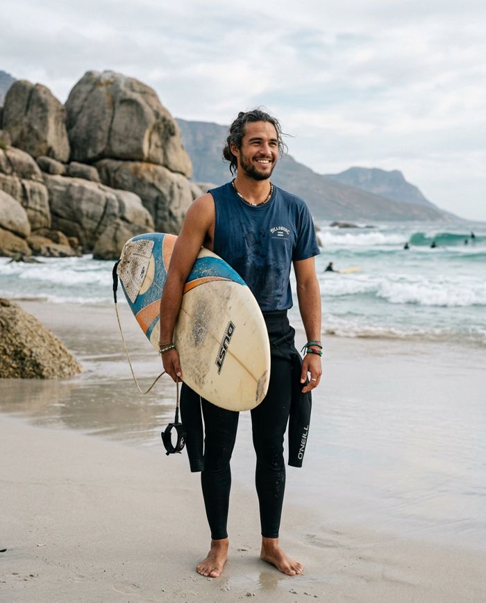 A young surfer holding his board on Clifton 1st Beach